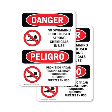 Signmission No Swimming Pool Closed Chemicals Bilingual Danger Sign, Vinyl Decal, 5in W x 7in L, 2PK OS-2PACK-DS-D-57-VS-1627